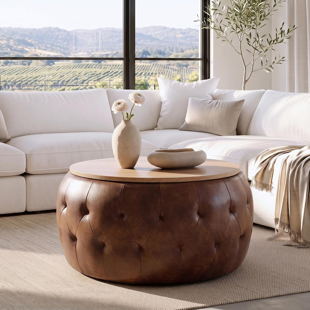 Round Ottoman with Storage, 25 Inches Wooden Top Coffee Table , Modern Upholstered Side Table, Multifunctional Faxu