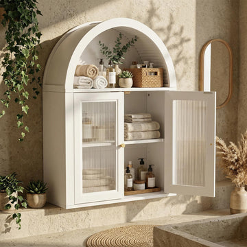 Arched Bathroom Wall Cabinet, Boho Medicine Cabinet with Tempered Glass Doors, Above Toilet Storage Cabinet, Wall