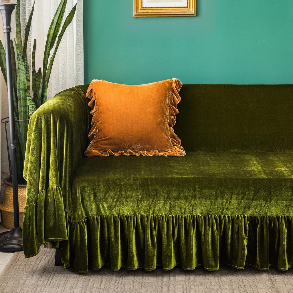 Velvet Sofa Cover Soft Decorative Luxurious Solid Exquisite Ruffle Trim, Retro Farmhouse Vintage Sofa Slipcover Couch
