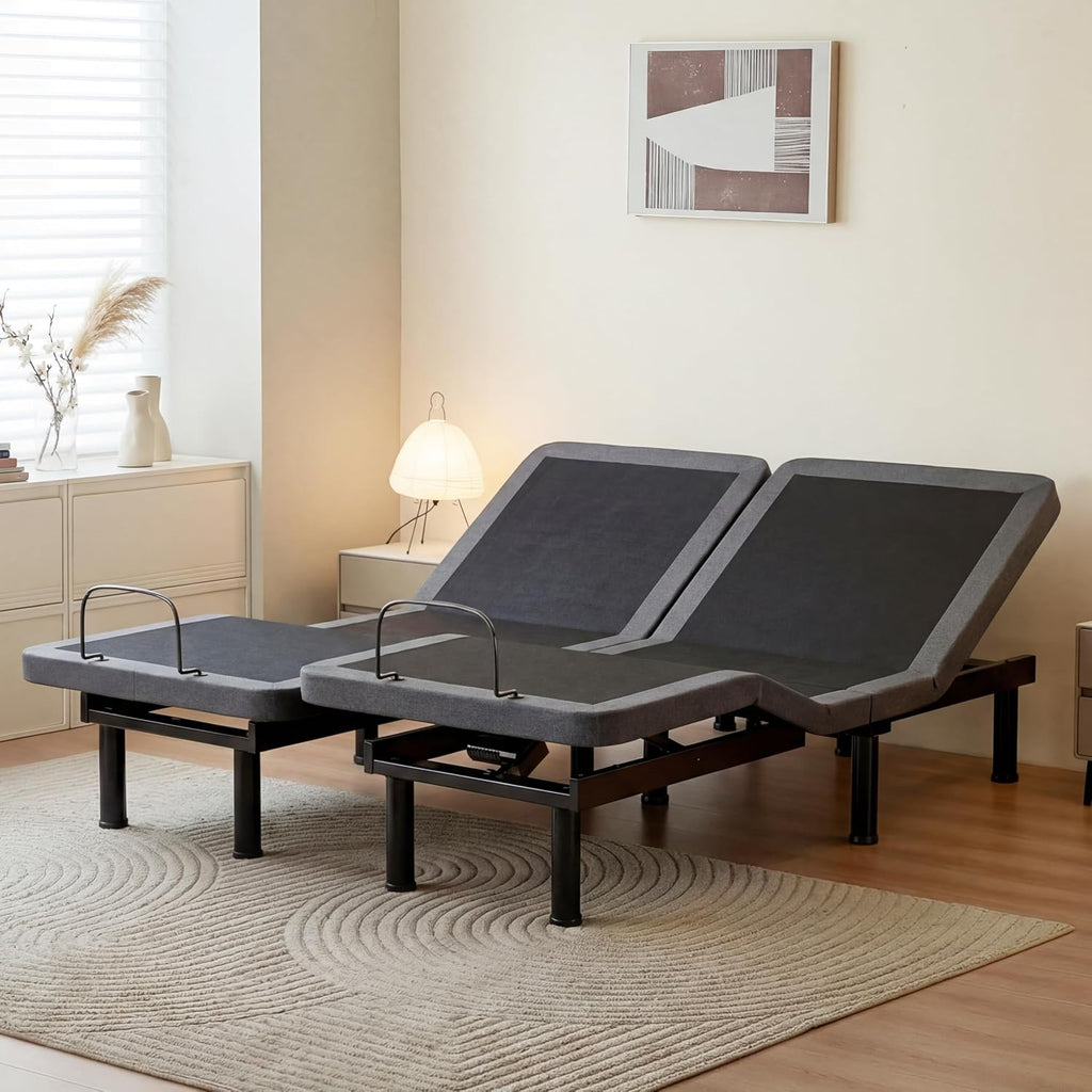 Split King Adjustable Bed Frame with Wireless Remote + 12 Inch Grey Gel Medium Firm Memory Foam Mattress in a Box - Set of 4