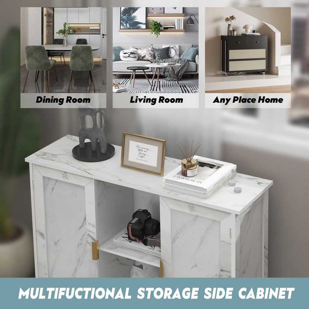 Marble Top Narrow Sideboard Cabinet, White Marble Side Buffet Cabinet
