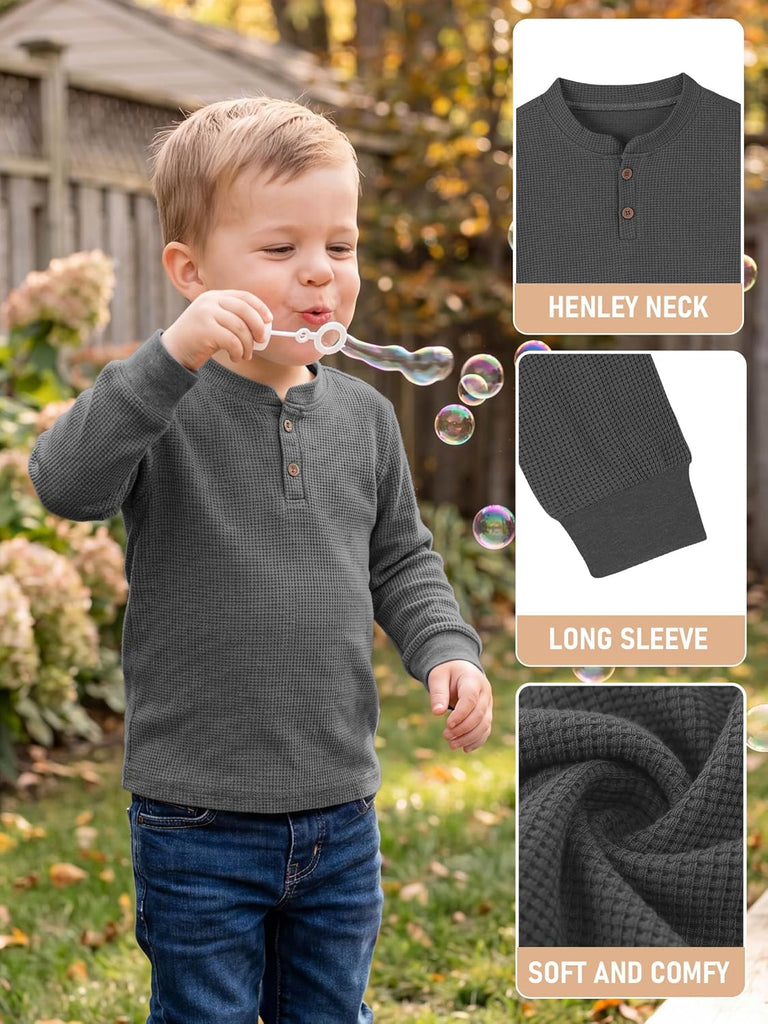5 Pack Toddler Boys Long Sleeve Henley Shirts Waffle Thermal Tops Casual Toddler Long Sleeve Shirt for Kids