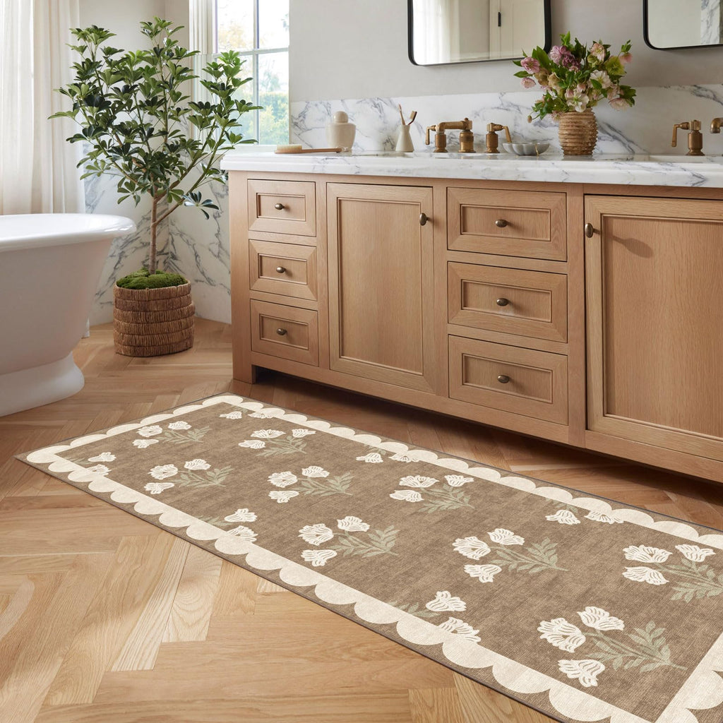 Non Slip Washable Kitchen Runner Rug - Tan Floral Hallway Runner Rugs Soft Boho Runners s Vintage Farmhouse