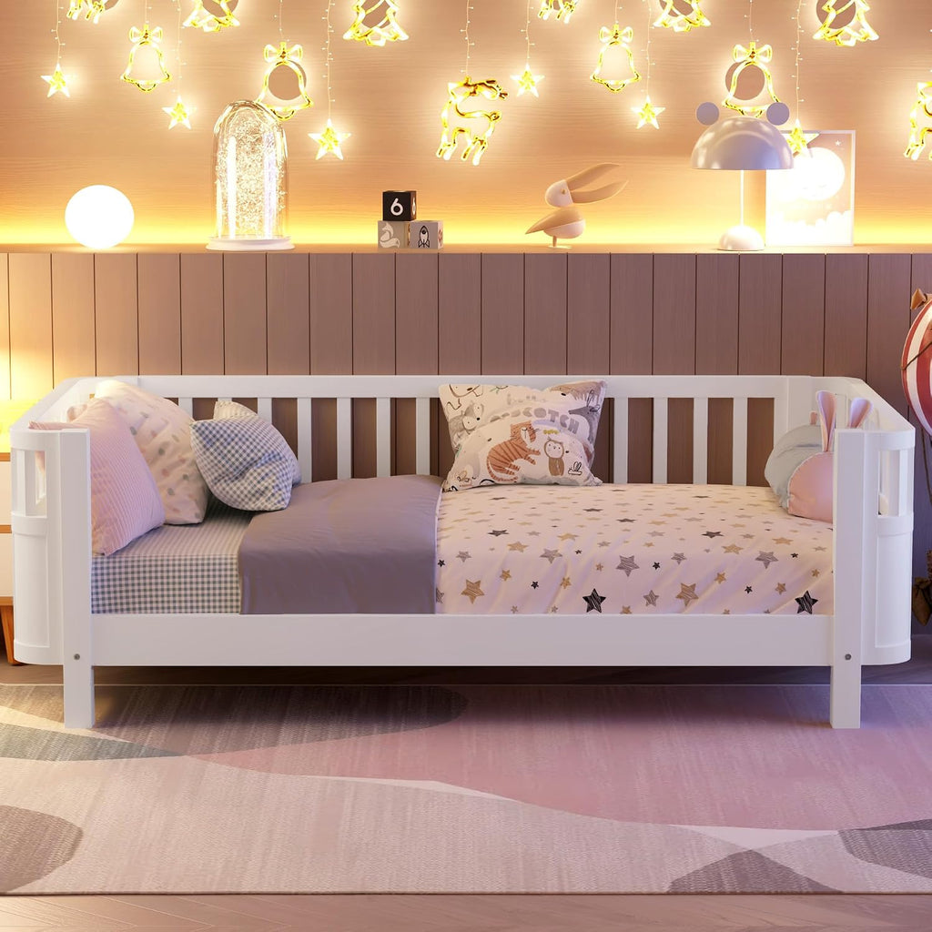 Platform Bed with Fence, Low Bed Frame with Detachable Side Bed Rails, Wooden Montessori Beds for Girls