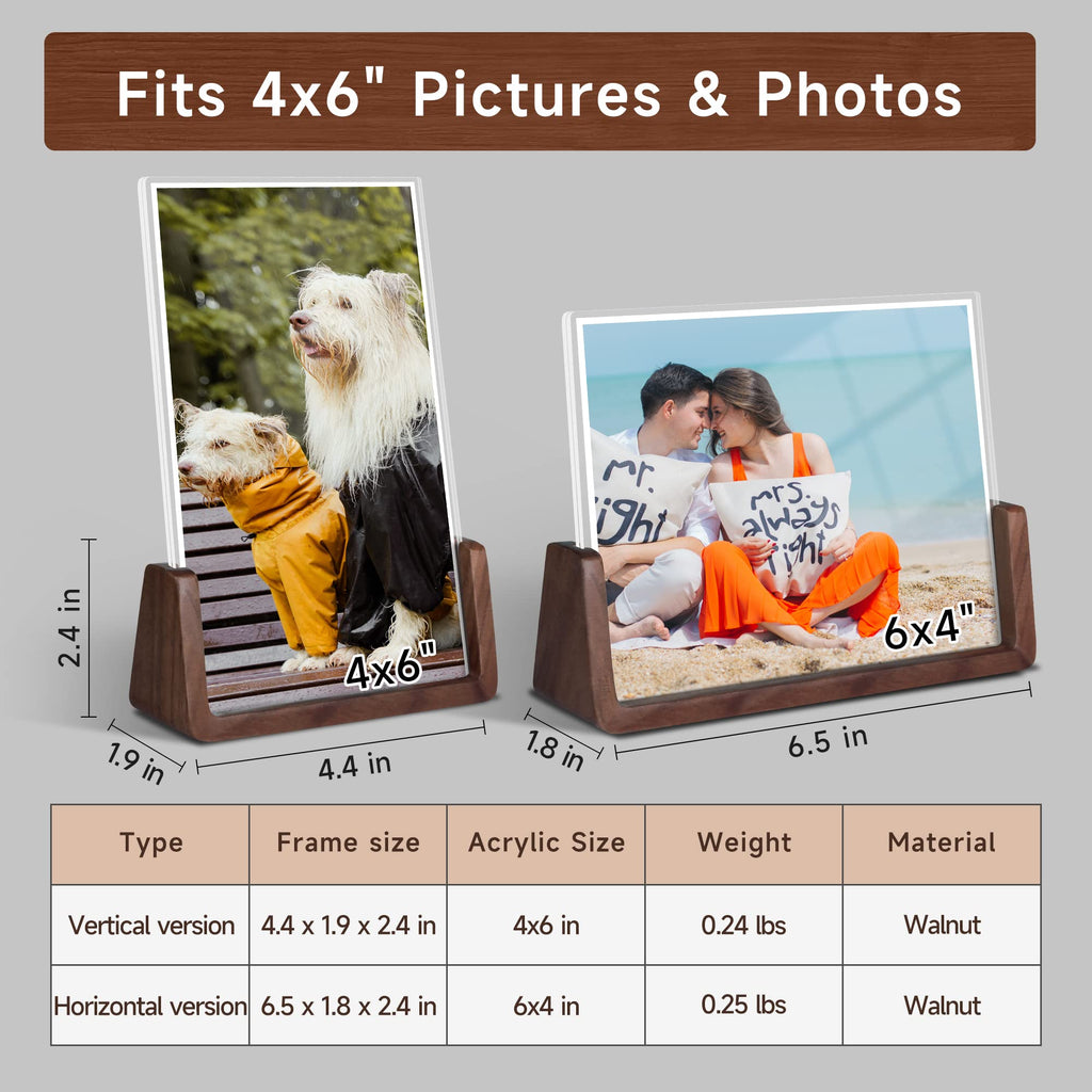 4x6 picture frames, Solid Rustic Wooden Photo Frames with Walnut Wood Base and High Definition Acrylic Glass Covers
