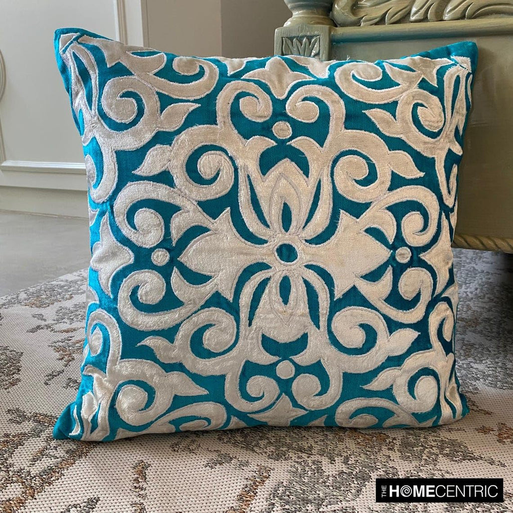Cushion Covers for Chairs, Turquoise Pack of 2, 14x14 inch (35x35 cm) Applique Damask Decorative Pillow Covers Throw