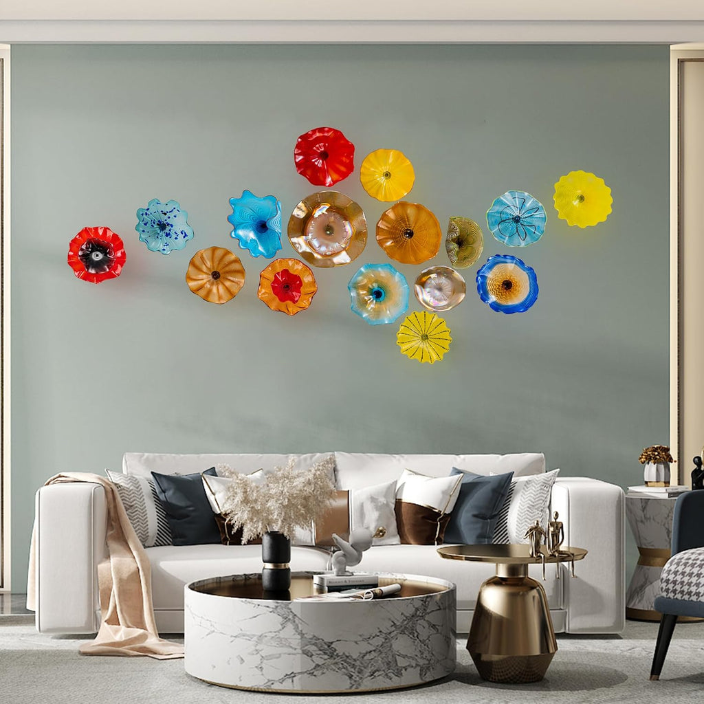Blue Hand Blown Art Glass Wall Decor, Modern Blown Glass Wall Art, Wall Decoration Platters, Staircase, Living Room