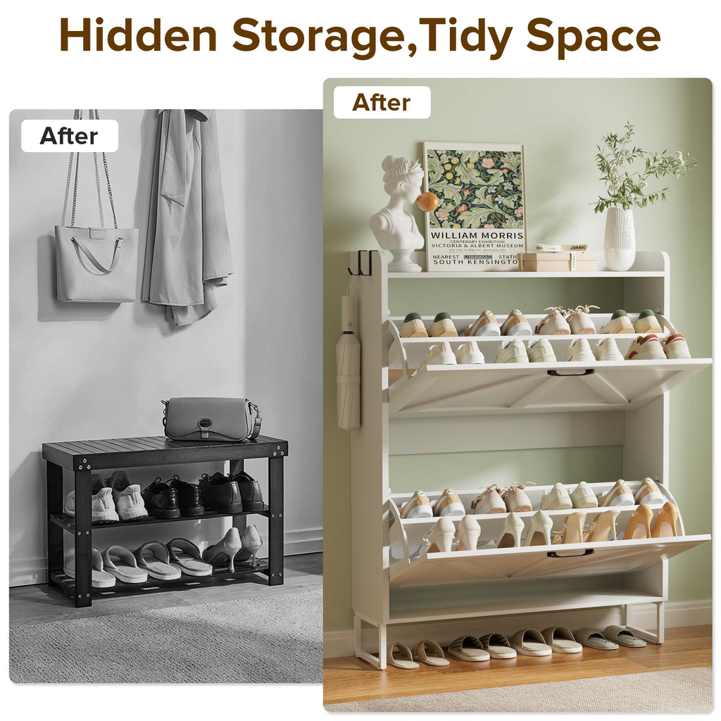 Shoe Storage Cabinet, 2 Flip Drawers Shoe Organizer, Elegant 2-Tier Freestanding Shoe Cabinet with Anti-Tipping