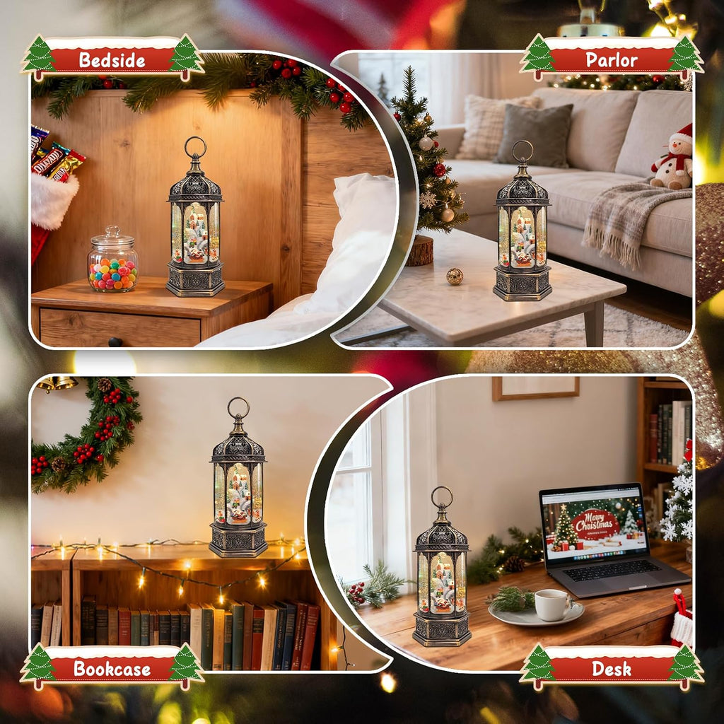 Lighted Musical Christmas Snow Globe Lantern, 12.99" Rotating Santa Village Scene with Swirling Snow, 8 Songs, 6H