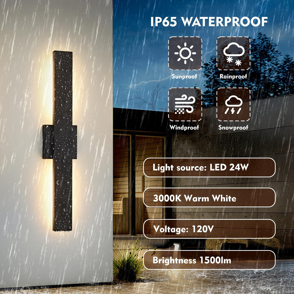 23.6inch Long Outdoor Modern LED Wall Light, 24W Waterproof IP65 Warm White Led Wall Mount Lighting Fixture Black