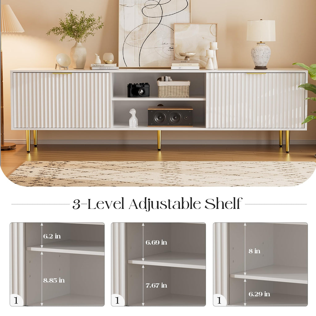 70" White Fluted TV Stand with Sliding Doors & Storage