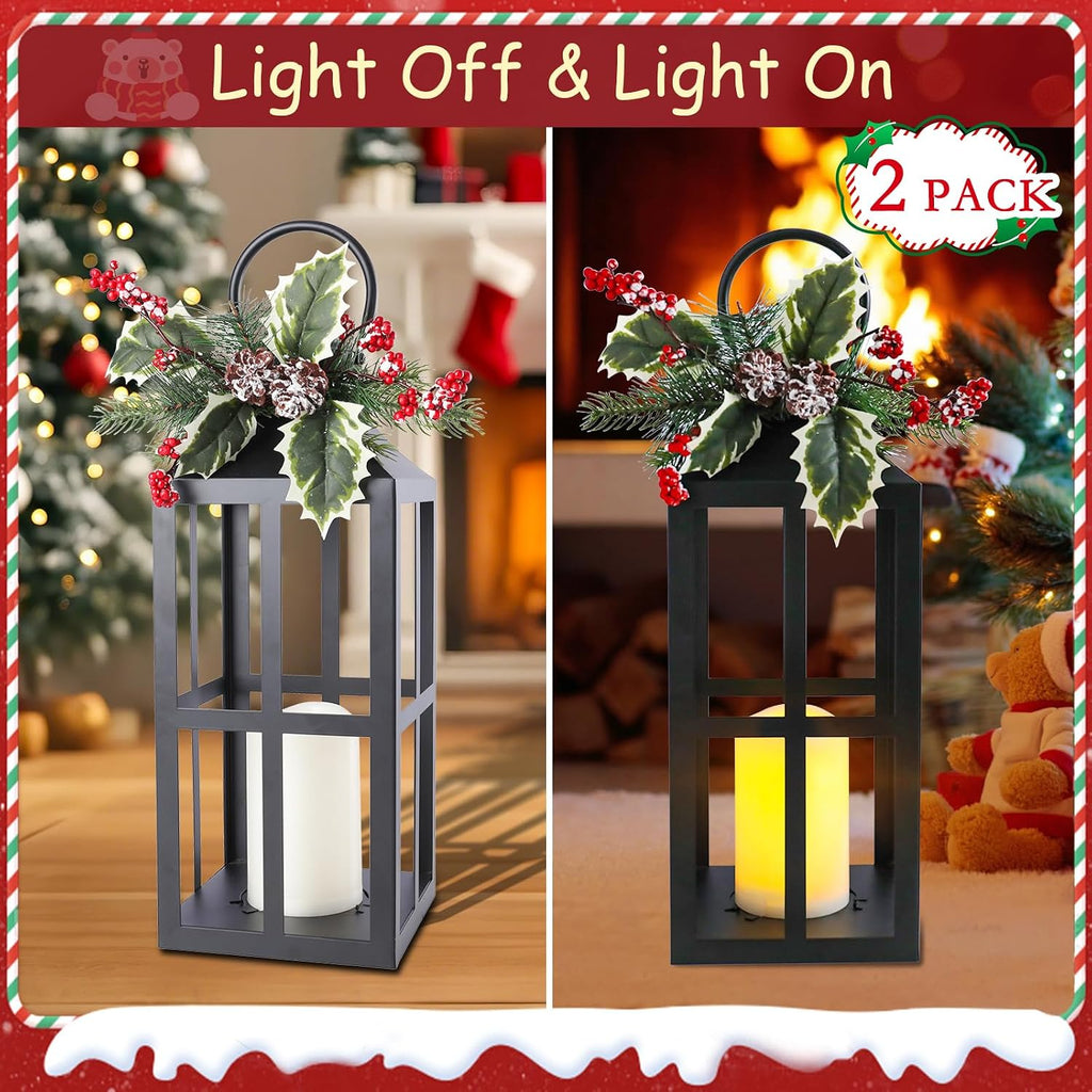 Christmas Lanterns Decorative Indoor Outdoor, 2 Pack Black Christmas Lantern, 18 Inch Timer Decorative Candle