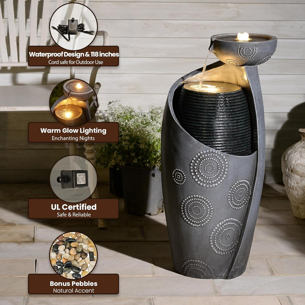 Outdoor Water Fountain Feature Indoor Garden Large Jar Floor Standing Fountains Waterfall with LED Light & Pump for