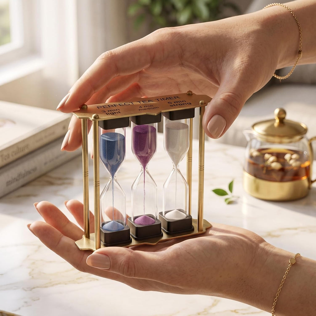 Sand Timer Hourglass Set with Blue Purple White Sand, Brass-Tone Metal Frame, Multiple Timing Options, 4.6 Inch - Set of 3