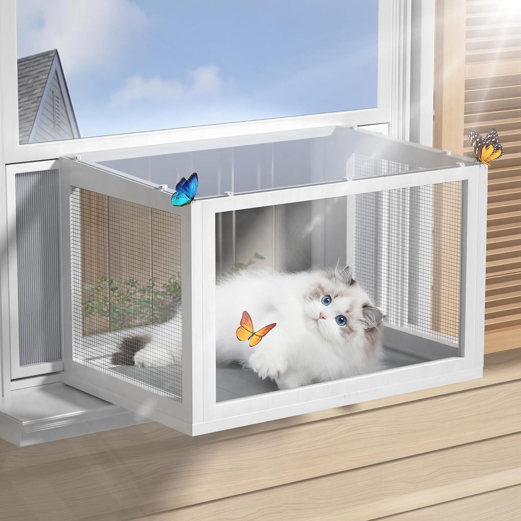 Cat Window Box Catio, Outdoor Indoor Cat Enclosure with Clear Panels, Mesh Sides & PVC Curtain, Universal Window