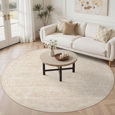8ft Round Rug Living Room: Washable Large Vintage Neutral Area Rug Non-Slip Soft Stain Resistant Ind