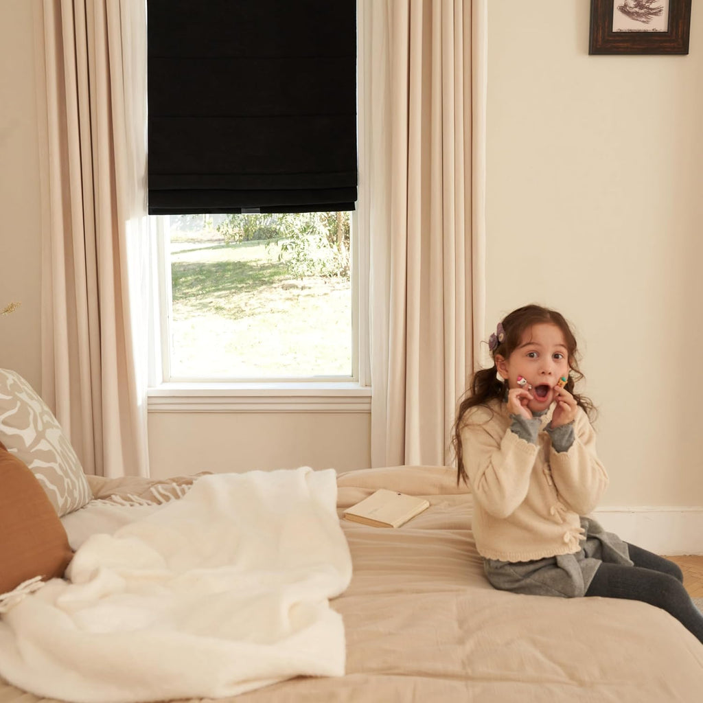 Blackout Roman Shades Cordless for Windows,34x64 Inch Mottled Black | White Backing, Pull Down Blinds, Heavy 430GSM