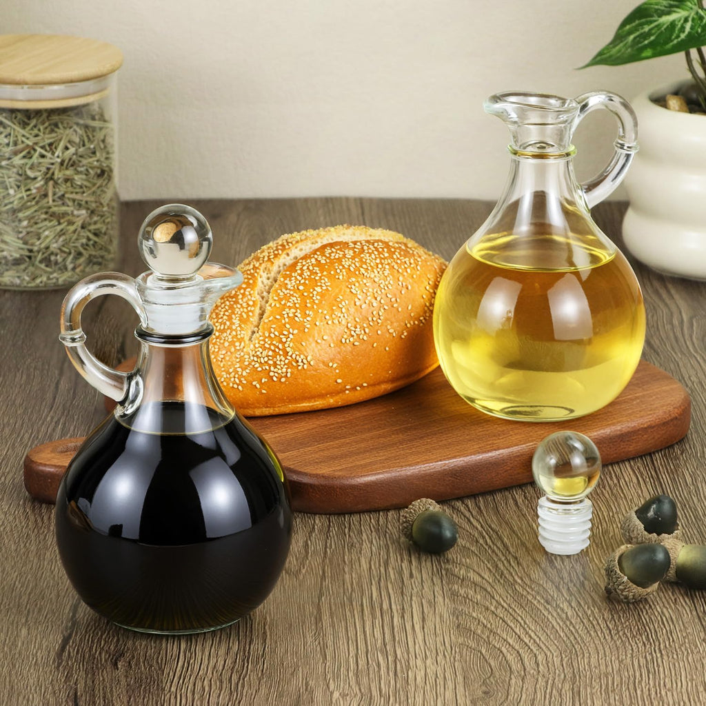 Glass Oil and Vinegar Cruets, 8oz Clear Glass Olive Oil Dispenser Bottles with Airtight Stoppers, Round - Set of 2