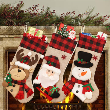 Christmas Stockings Large 18'' 3Pcs - Xmas Stocking Burlap with Plaid and Santa, Snowman, Reindeer for Family Holiday
