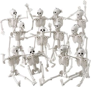 16" Halloween Skeleton Decor, Full Body Movable Stayable Joints Plastic Skeleton, Posable Hanging Skeletons - Set of 12