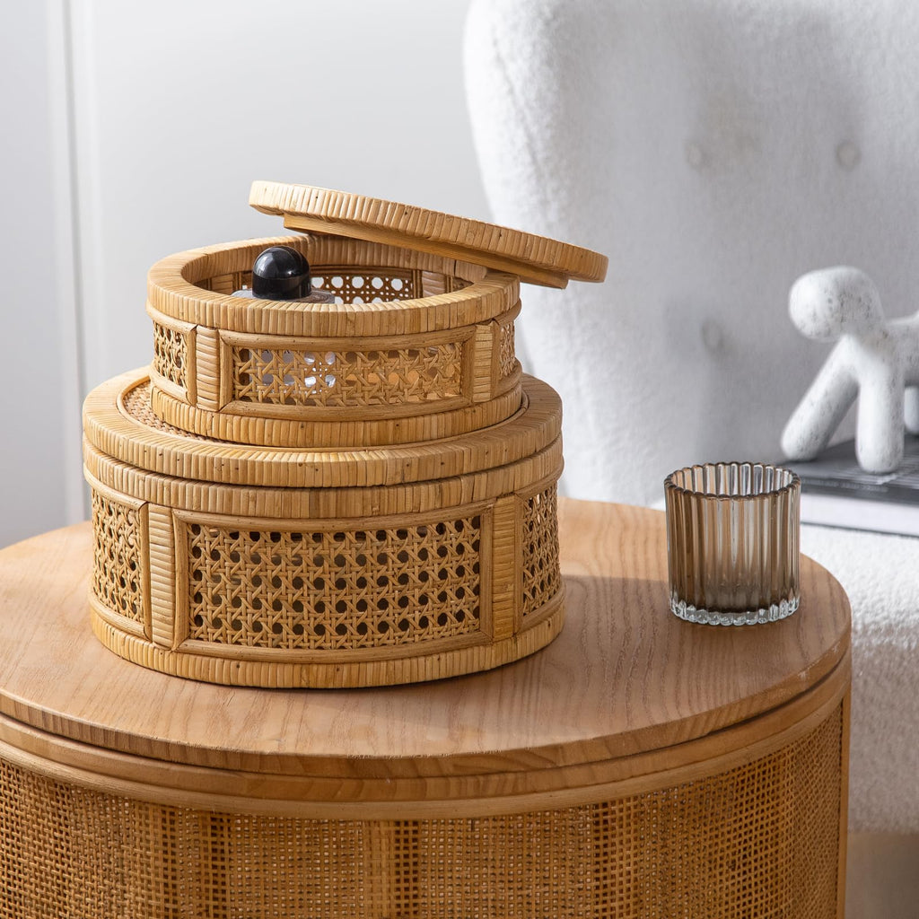 Rattan Decorative Box, Boho Decorative Boxes with Lids, Set of 2 Round Farmhouse Wicker Storage Box, Natural Woven