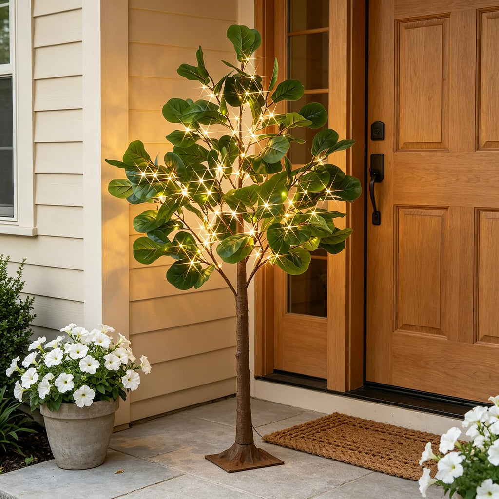 Lighted Fiddle Leaf Fig Tree 4FT 102 LED Fairy Lights, Artificial Greenery Tree with Lights Fireplace Living Room