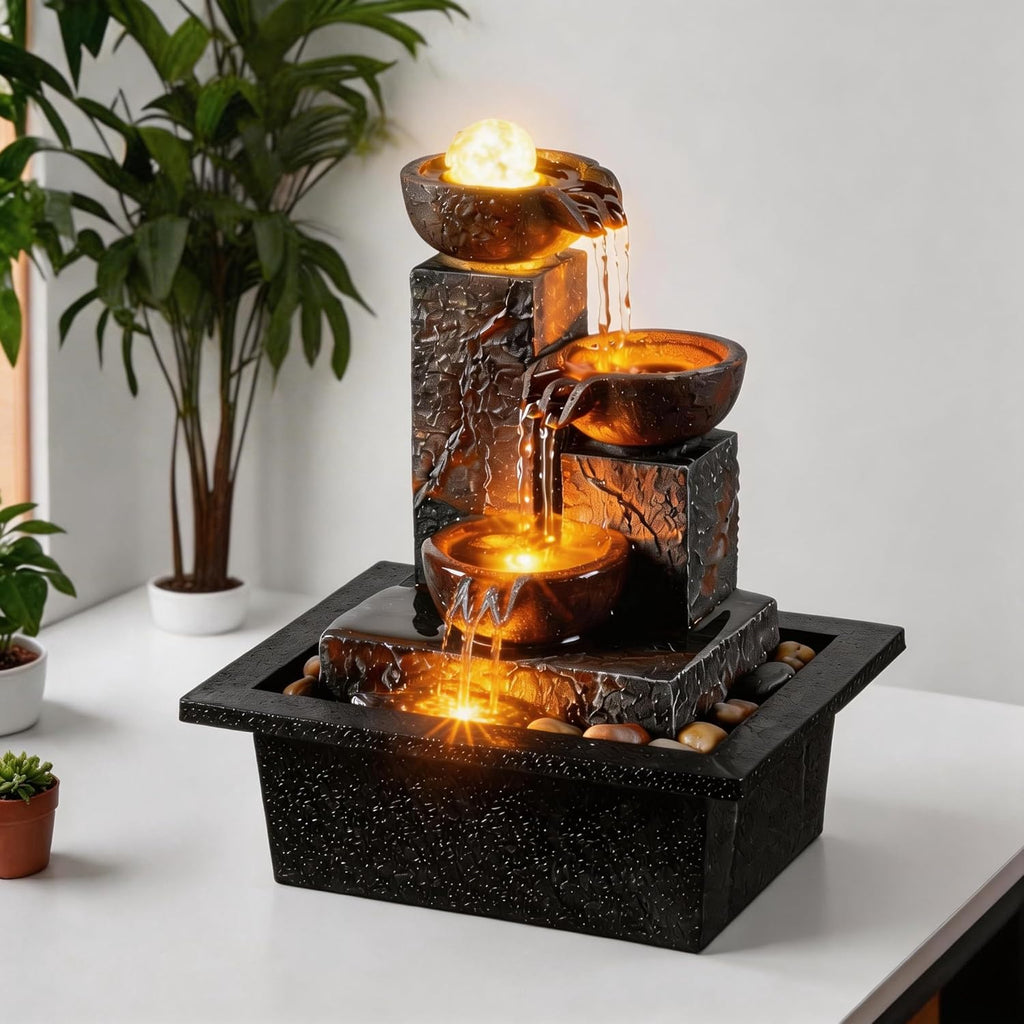 Three Bowls with Rotating Ball Flowing Tabletop Fountain Home Décor Indoor Decor Waterfall Sound Zen Mini Fountain