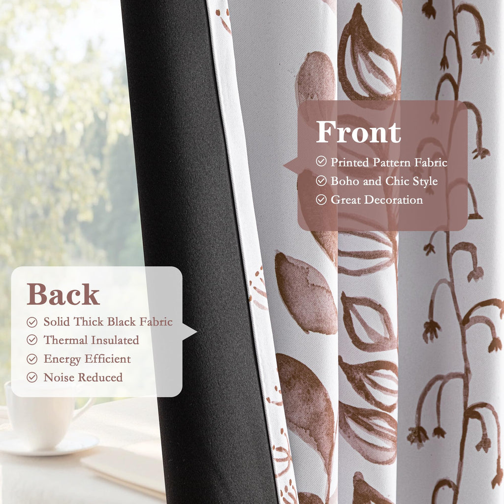 95% Blackout Curtains, Thermal Insulated Privacy Protection Back Tab Curtains 72 Inches Length, Brown Leaf Pattern