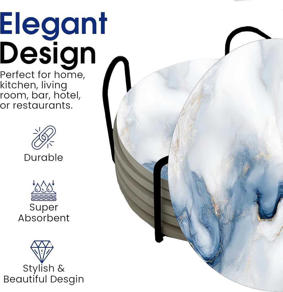 White Agate Marble Round Coasters - Abosrbent Ceramic Coasters with Metal Stand for Drinks, Coffee, Non-Slip - Set of 6