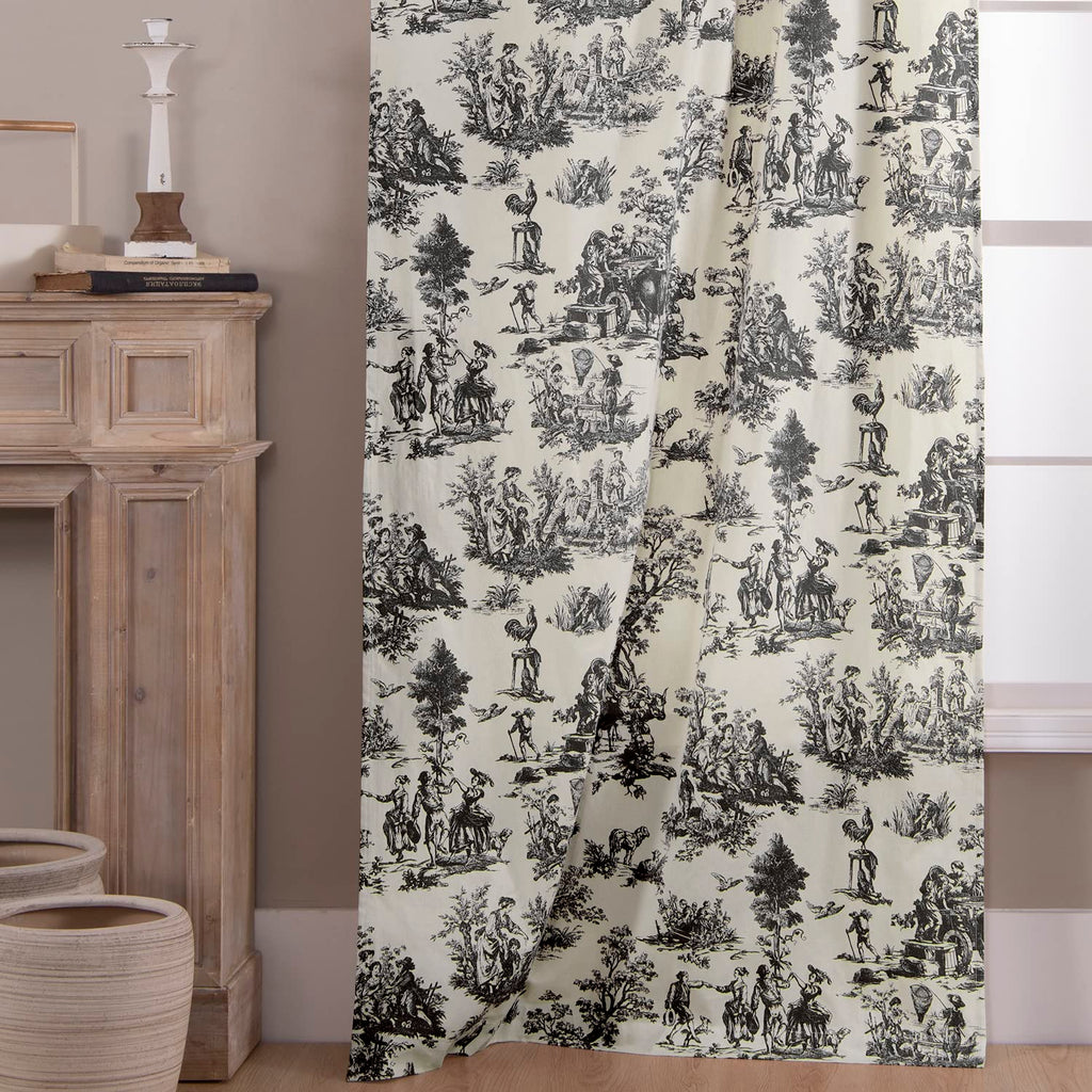 Black Curtains 84 Inches Long Patterned Print Semi Blackout Farmhouse Modern Toile Pattern on Cream White Cotton
