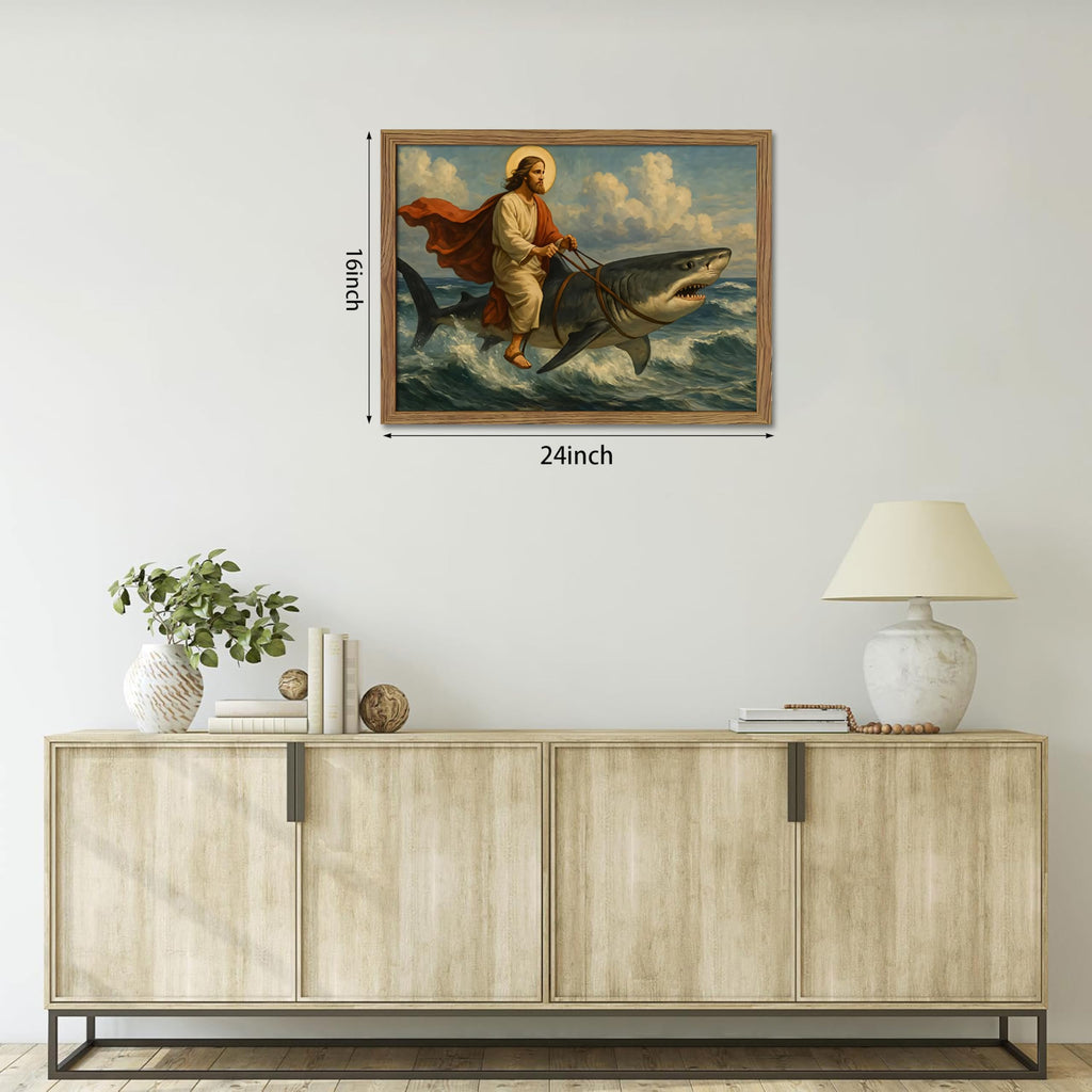 Framed Jesus Riding a Shark Wall Art, Humorous Christian Canvas Print, Fun Jesus Oil Painting, Religious Comedy Wall