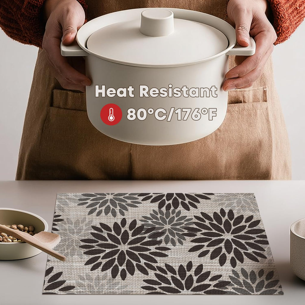 Floral Vinyl Placemats Set of 6, Heat Resistant Washable Non-Slip Plastic PVC Halloween Place Mats for Party Kitchen
