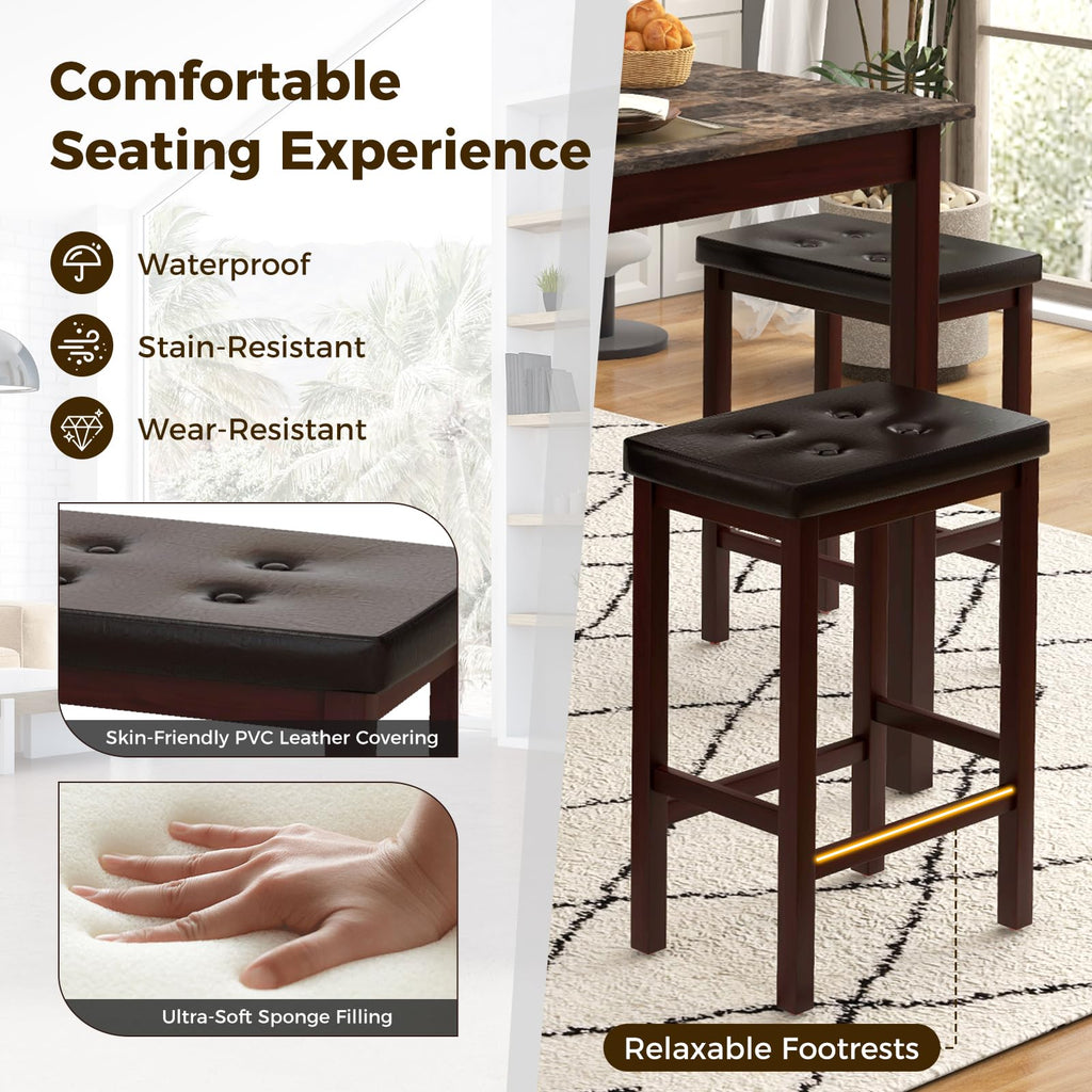 5-Piece Counter-Height Bar Table Set, Faux Marble Square Table & 4 PVC Leather Bar Stools w/Rubber Wood Legs, Modern