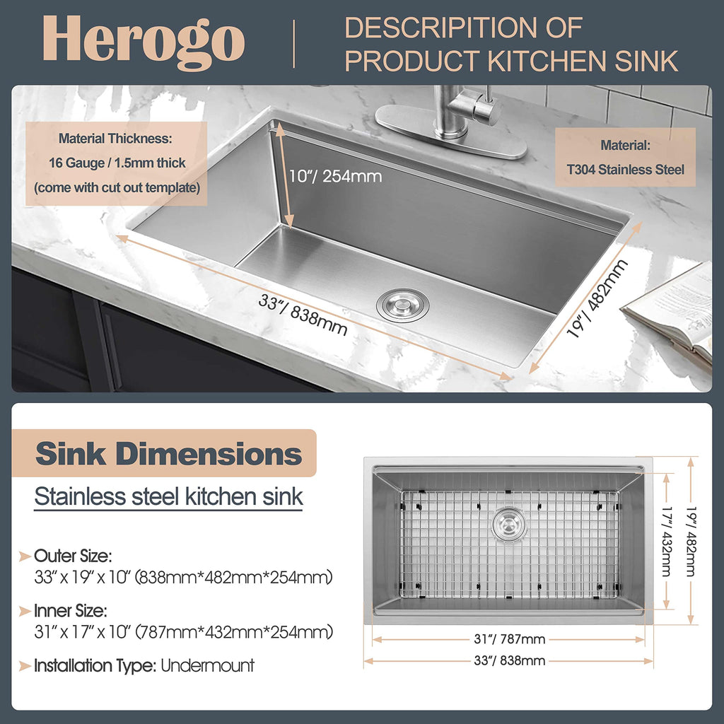 Kitchen Sink, 33 x 19 Inch Large Farmhouse Undermount Kitchen Sink, 18/10 Stainless Steel R10 Corner 10 Inch Deep