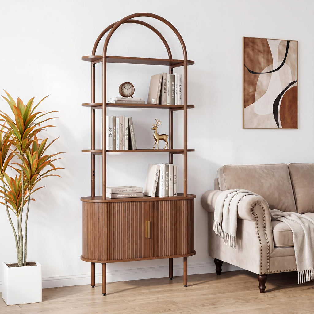 71" Tall Arched Bookshelf, Mid Century Modern Bookcase