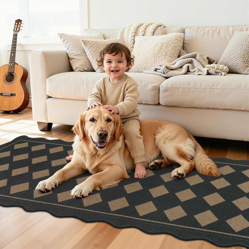 Checkered Hallway Runner Rug 2x6, Non Slip Washable Mat, Black