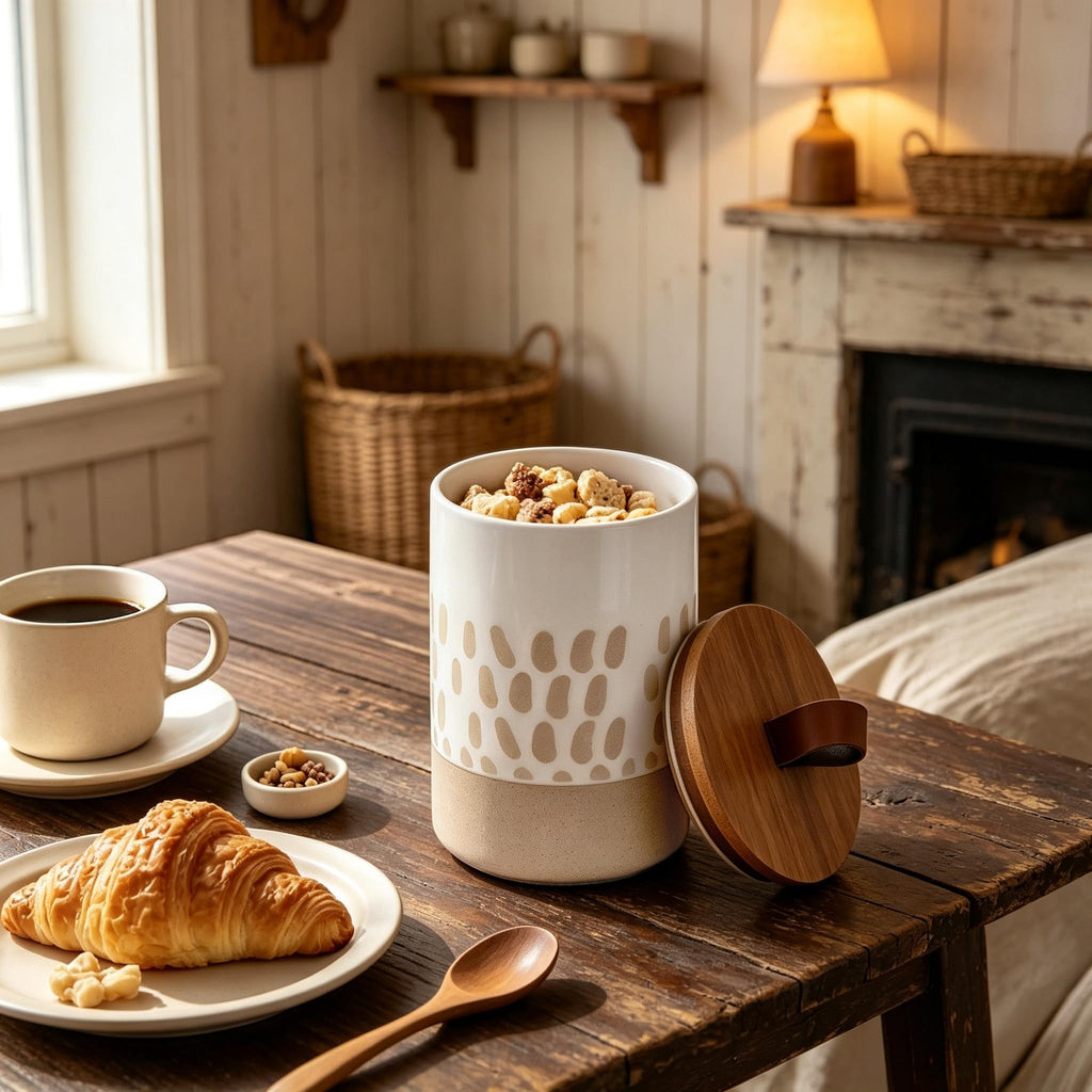 28 FL OZ Boho Ceramic Jar, Airtight Bamboo Lid, Canister for Coffee Beans