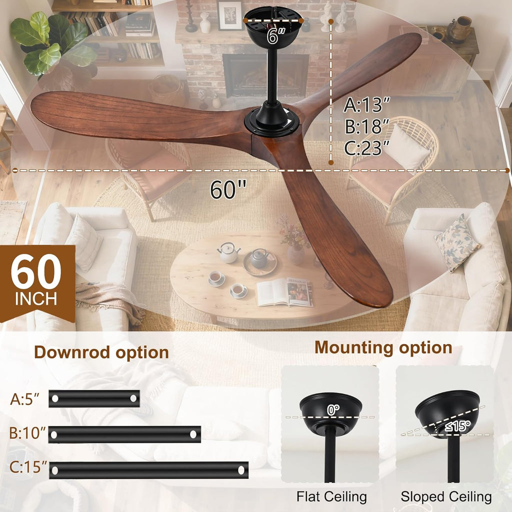 Inspired Maverick Style 60" Ceiling Fans Without Lights, 60 Inch Outdoor Ceiling Fans no Lights, 3 Blade Solid Wood Damp Rated Ceiling Fan with Remote Control for Living Room Gazebo Farmhouse/Patios Porch - Dark Walnut - G7-B0CMTL95Z4
