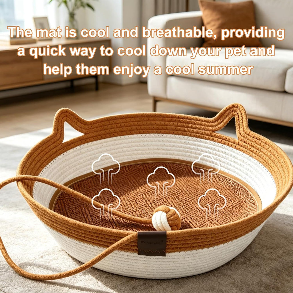 2-in-1 Cat Bed with Scratch Pad, Cotton Rope Woven, Round, Removable Breathable Cooling Pad, Odorless Anti-Static
