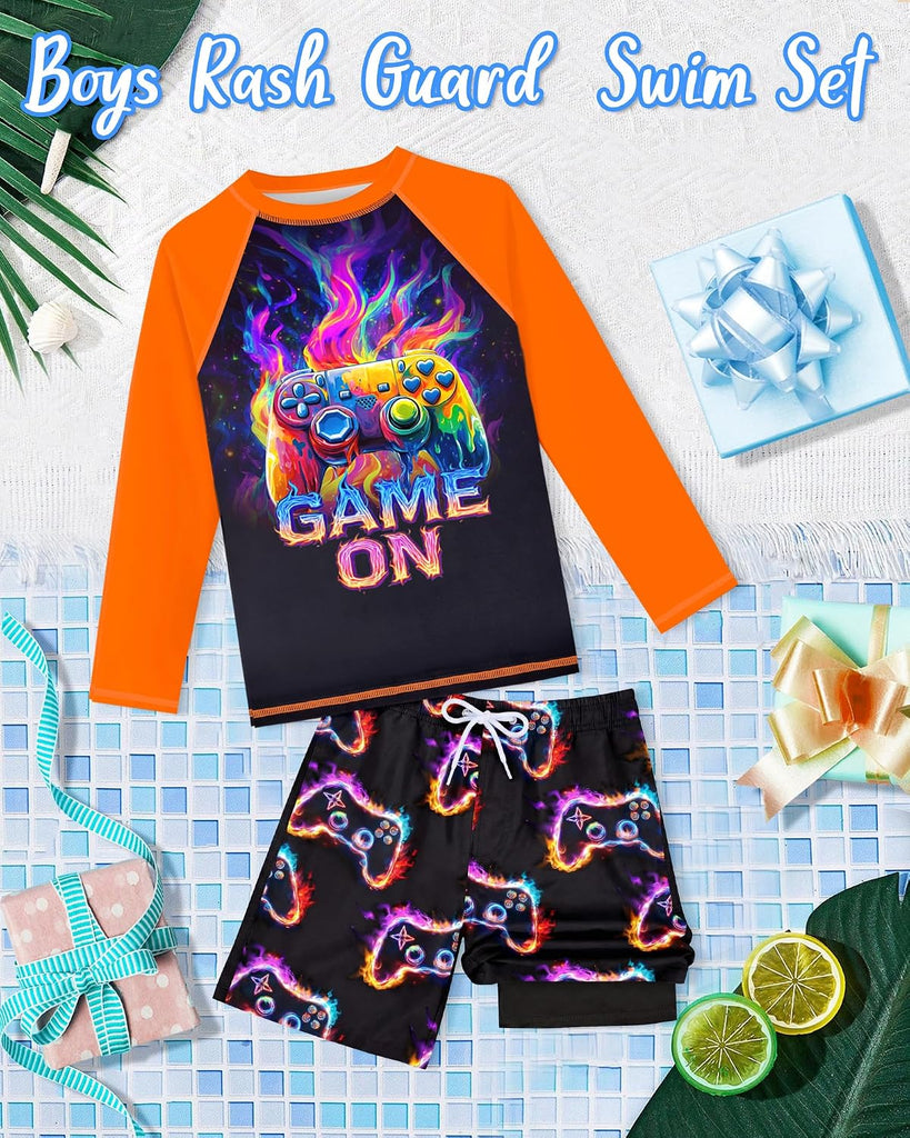 Boys Rash Guard Swim Set with Swim Trunks Bathing Suit Long Sleeve Swim Shirt Quick Dry Swimsuit Kids Swimwear Size