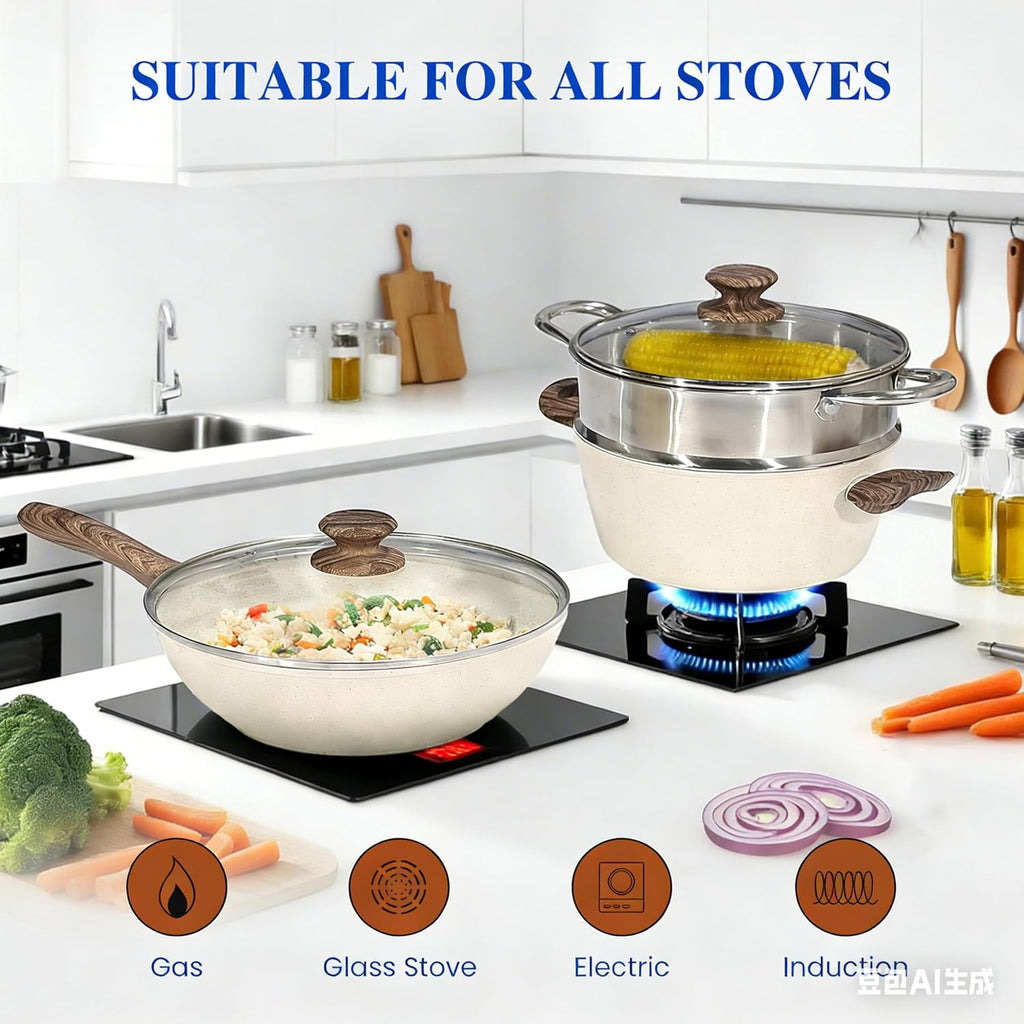 17Pcs Ceramic Cookware Set, Non-Toxic Nonstick Cooking Pots & Pans with Heat Resistant Grips, Complete Induction