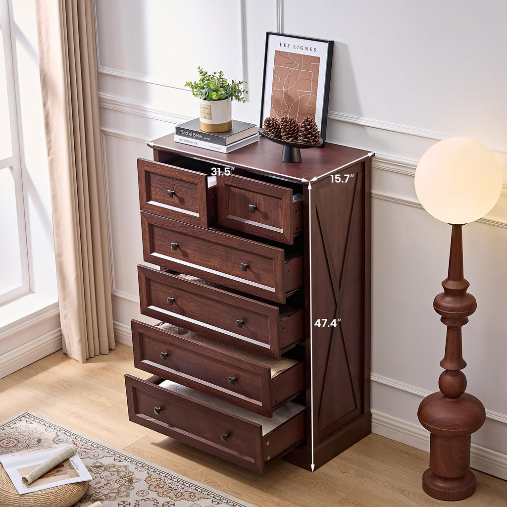 Farmhouse 6 Drawers Chests, Dark Cherry Red Wood