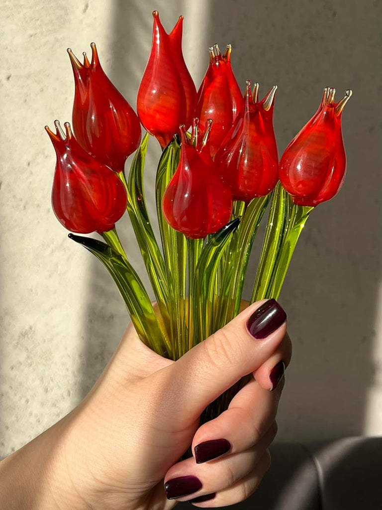7" Red Glass Tulip Figurine - Hand-Blown Murano-Style Flower - Art Glass Tulip Ornament for Vase or Planter - Gift