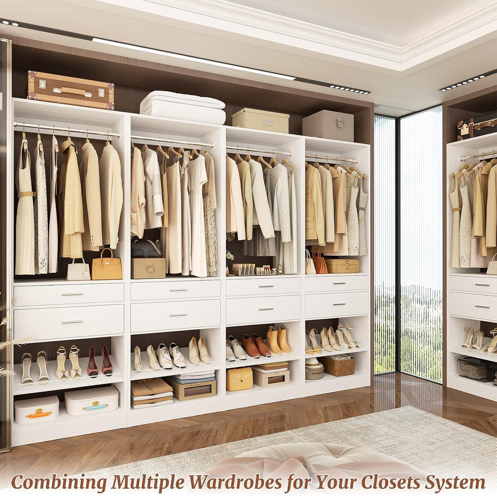 Closet System, 8.3FT Closet Organizer with 8 Wooden Drawers, 4 Hanging Rods, Adjustable Shoe Rack, Easy Assembly