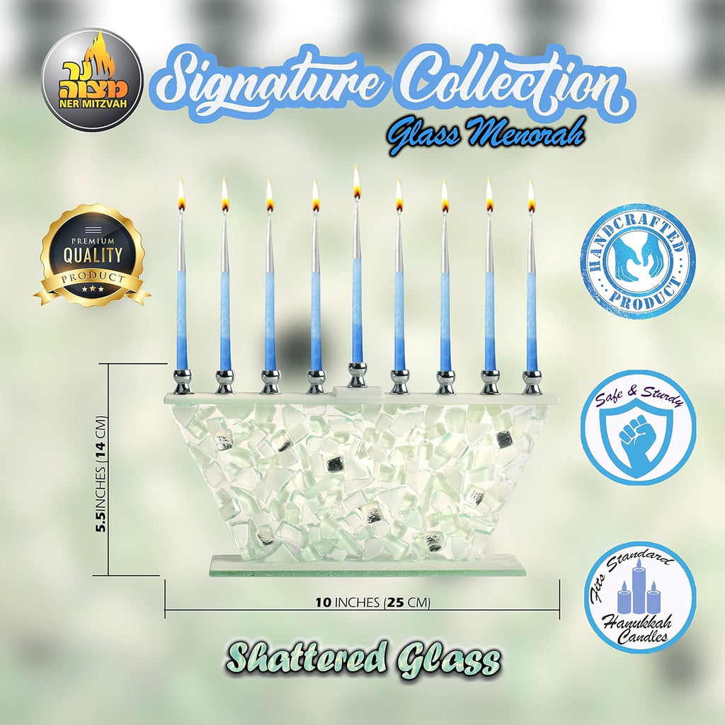 Hanukkah - White Shattered Glass - Handcrafted Painted Glass - Fits All Standard Chanukah Candles