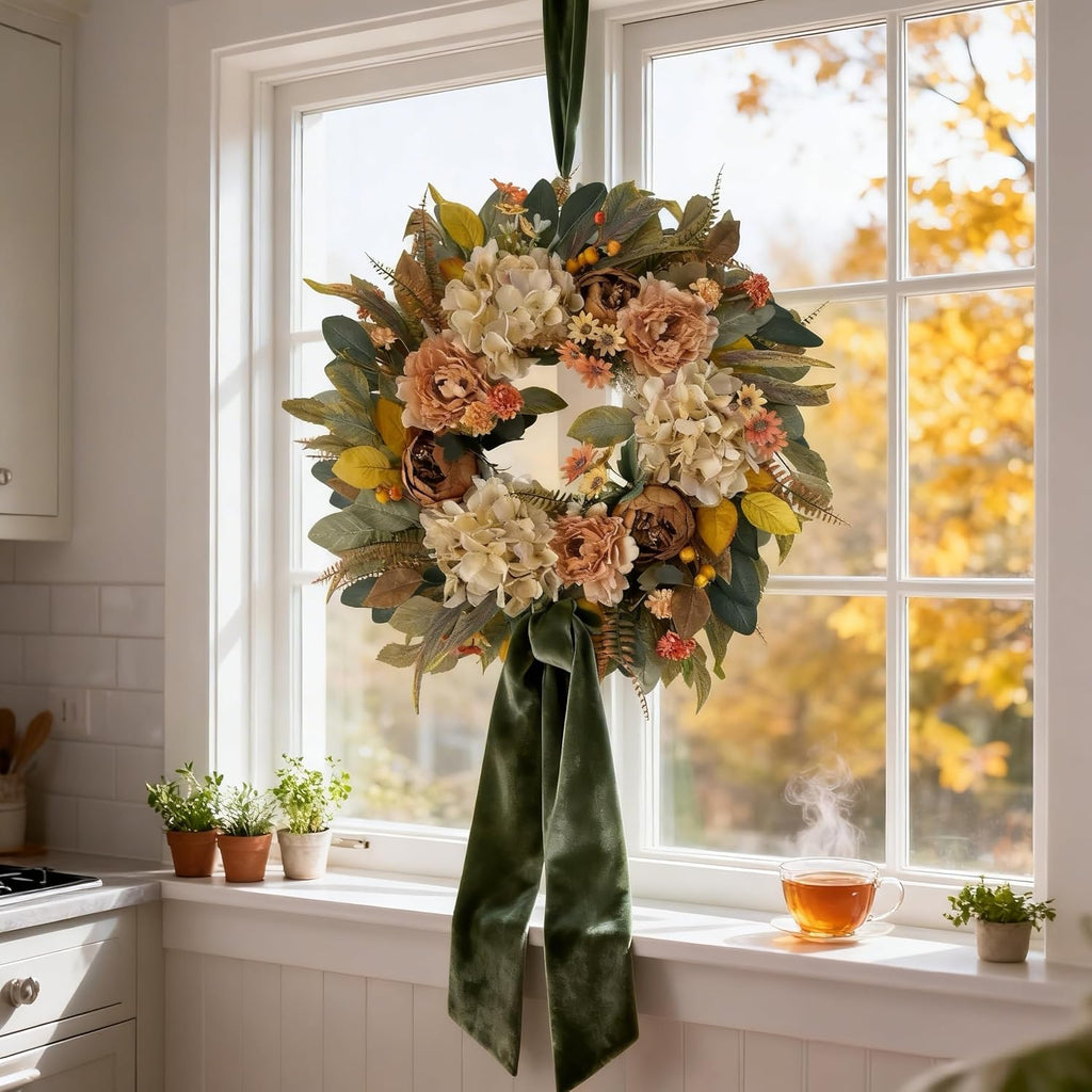 24 Inch Fall Hydrangea Peony Wreath for Front Door