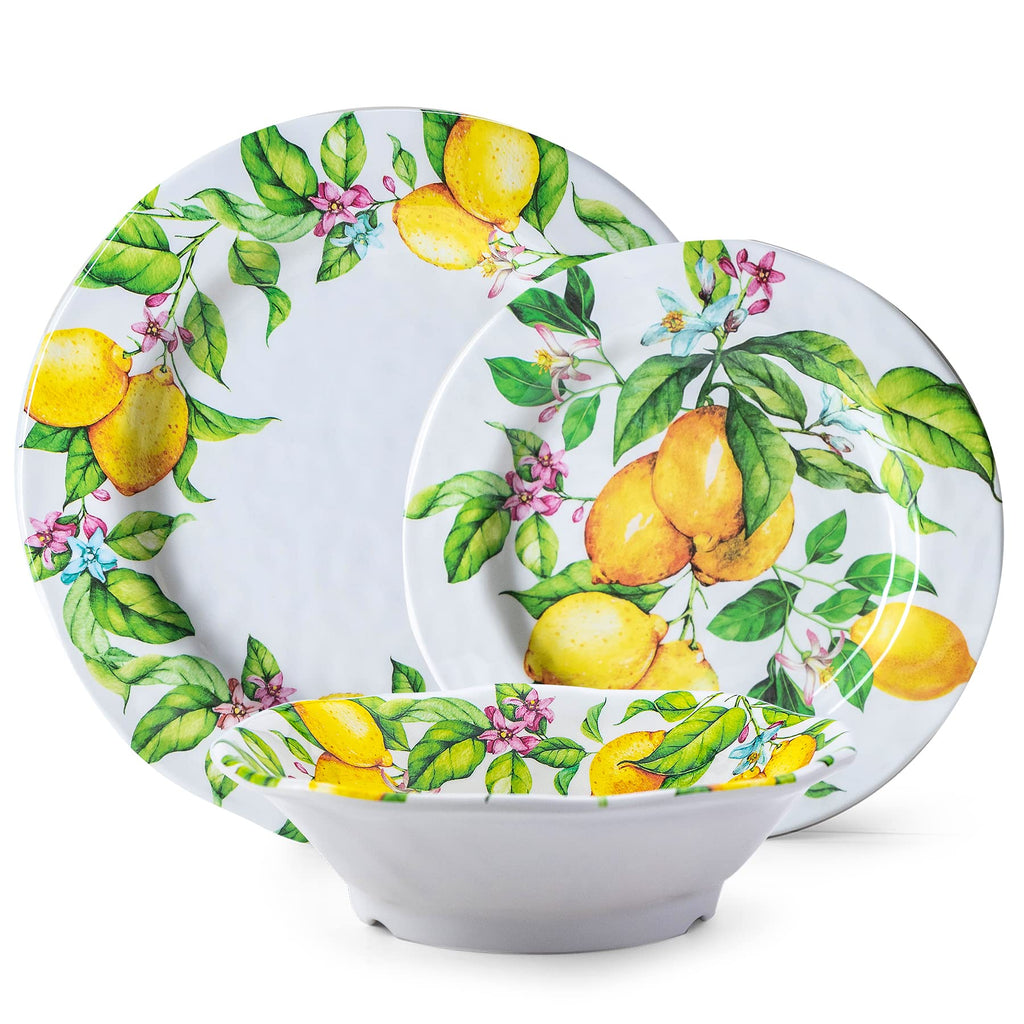Lemon Melamine Dinnerware Dish Sets, 12 Piece Plates and Bowls Sets