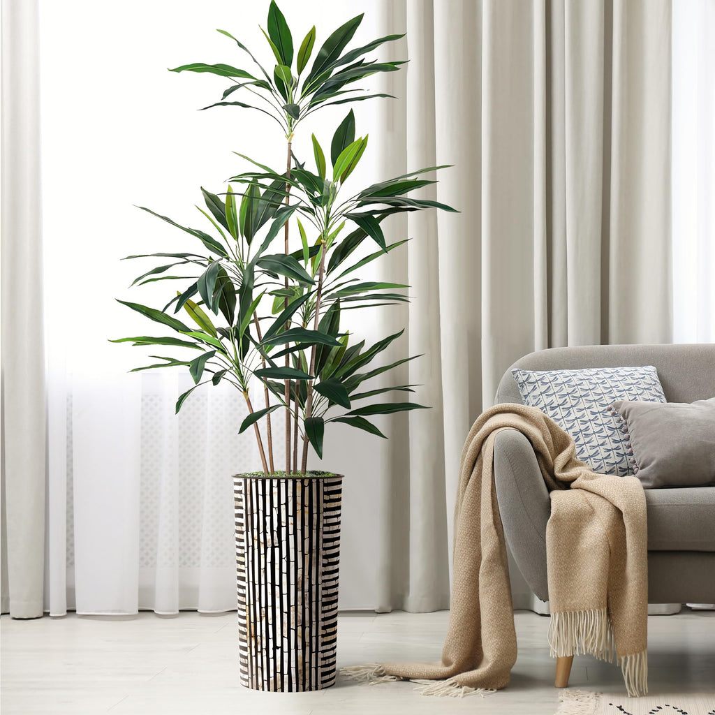 Tree in Black and Brown Striped Planter, Fake Dracaena Tree Silk Tree for Indoor and Outdoor Home Decoration - 66"