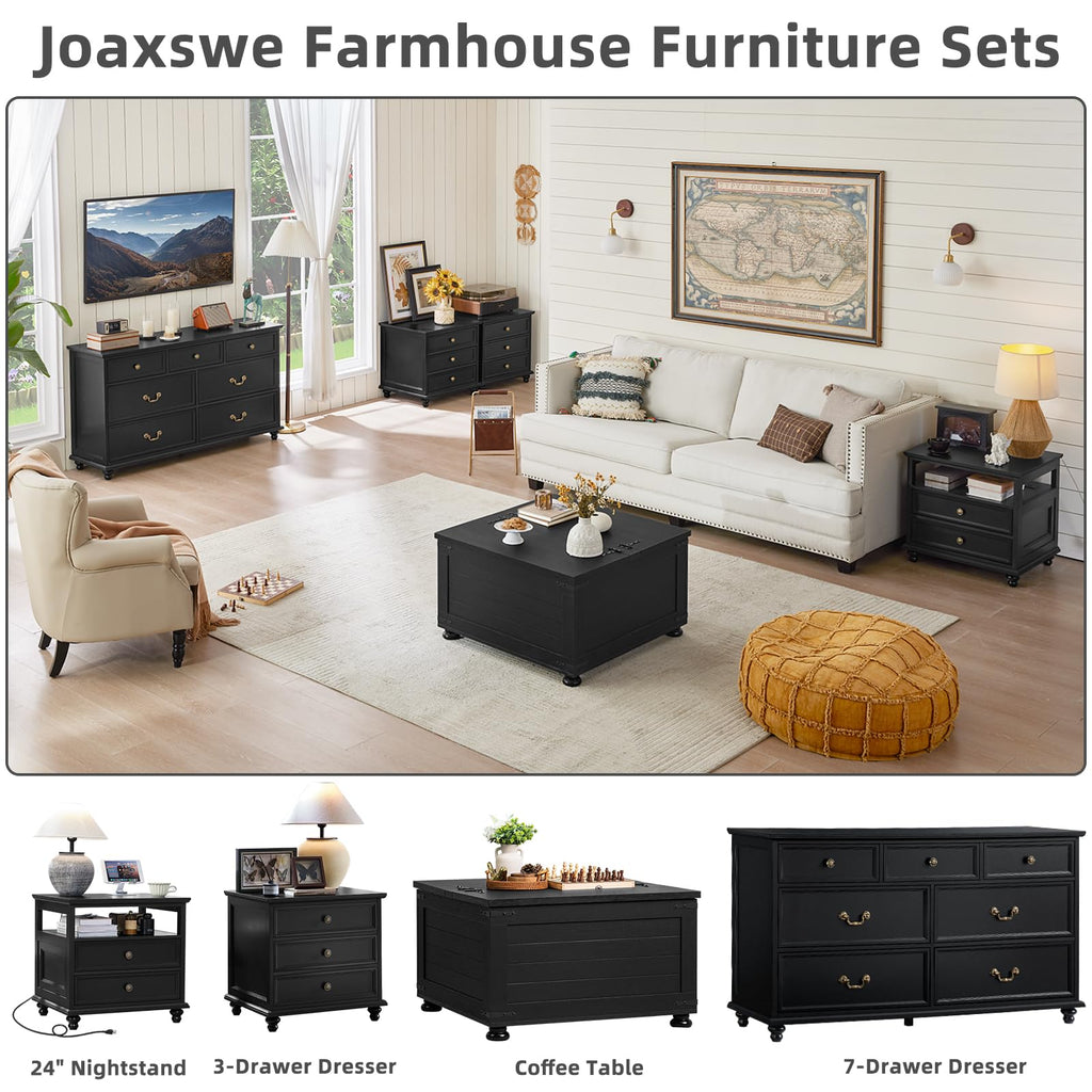 Farmhouse 7 Drawers Dresser, Black 54 Inch Wide Chest of Drawers w/ 4 Wooden Legs, Large Vintage Rustic Closet