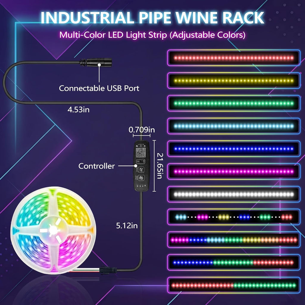 48 Inch Industrial Pipe Wine Rack Wall Mounted with LED Light | 2 Tier Floating Bar Shelves Wine Bottle Display Shelf